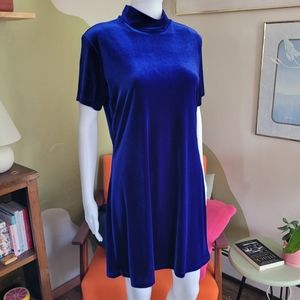Vintage Steppin' Out Deep Blue Velvet/Velour Mock Neck Short Sleeve Mini Dress L